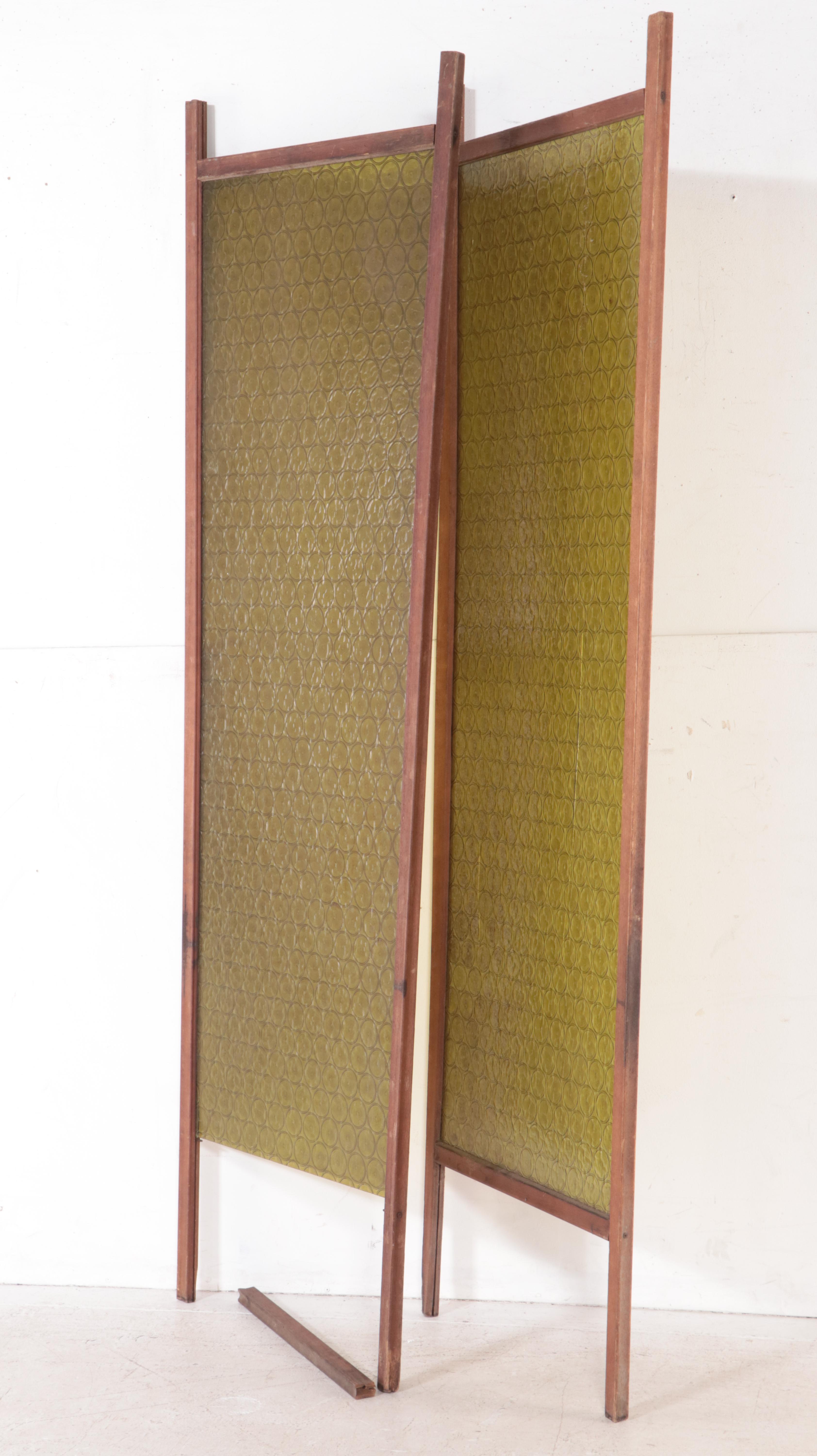 Stamped Olive Green Acrylic and Wood Framed Room Divider Panels, Circa ...