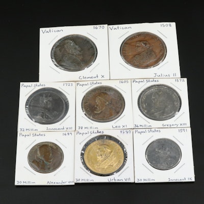 Group of Eight Vatican City Bronze and Pewter Medals Dated from 1508 - 1723