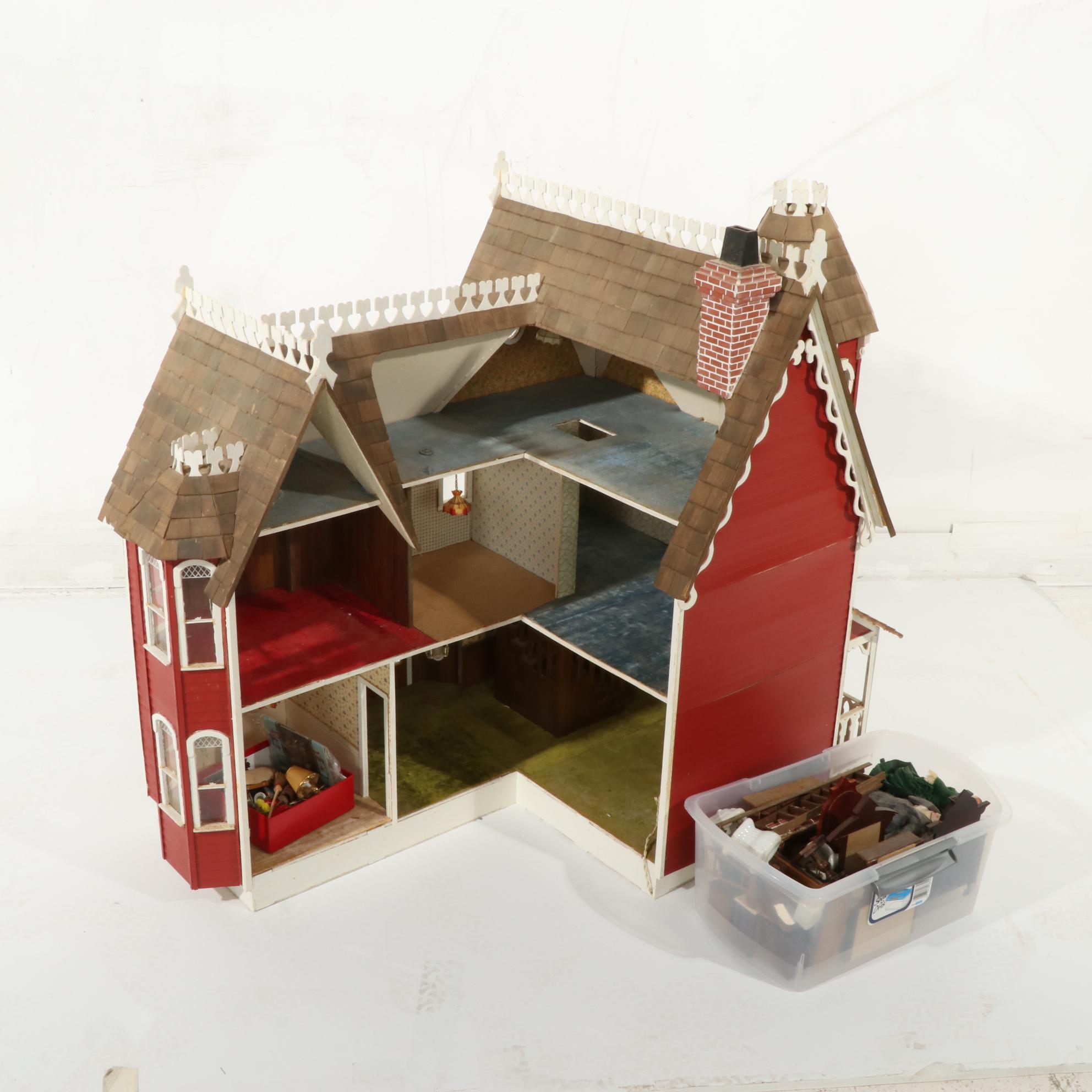 Handcrafted Wooden Doll House With Accessories, 20th Century EBTH