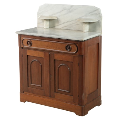 Victorian Walnut Washstand with Marble Top with Bracket Shelves