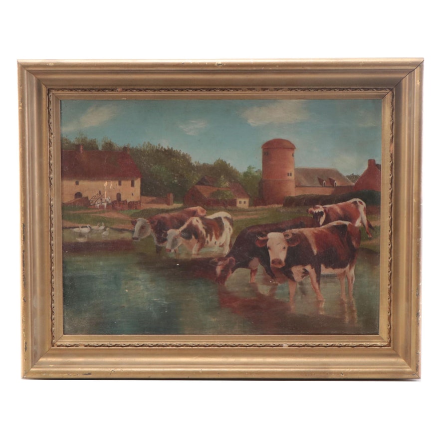 Folk Art Oil Painting of Cows, Mid-20th Century
