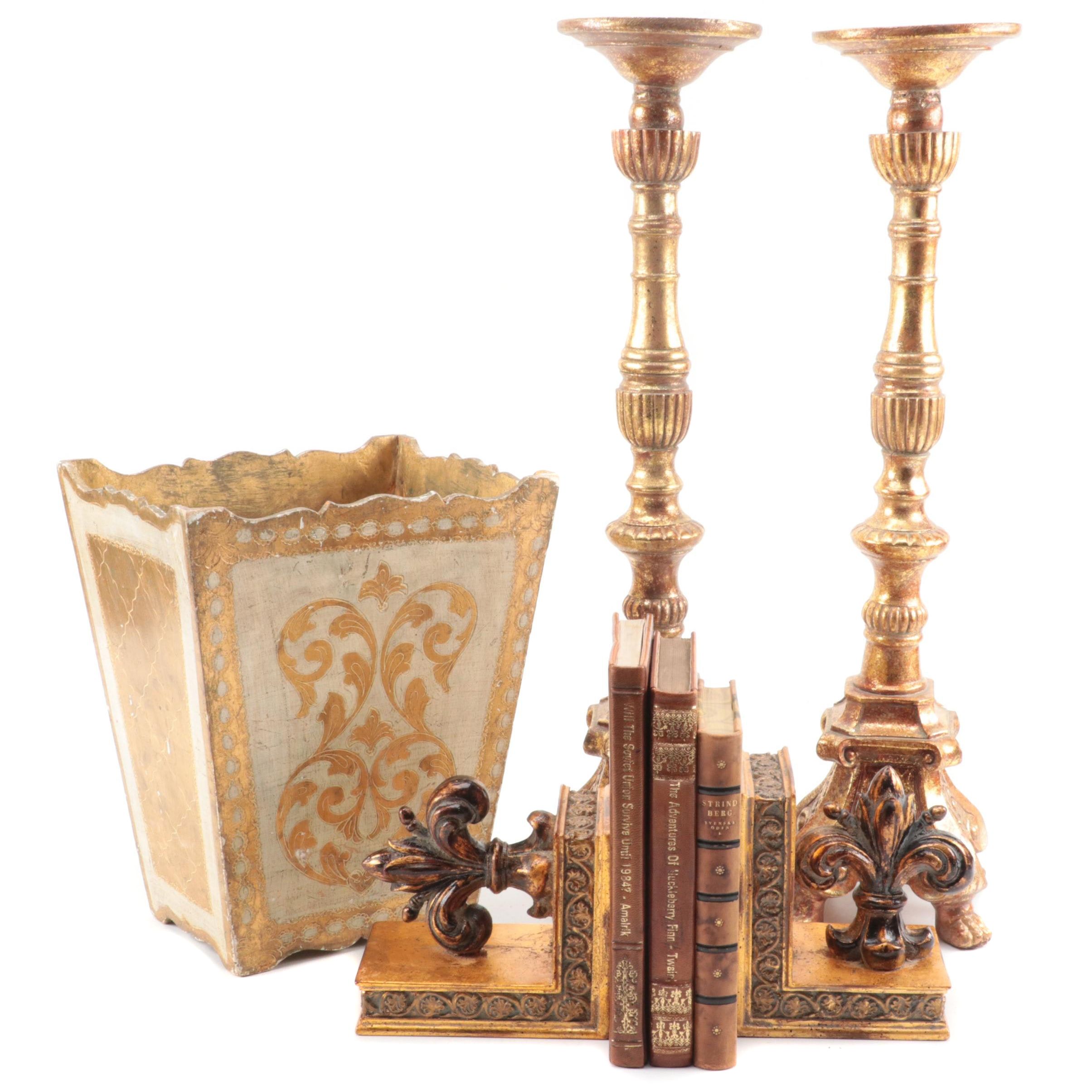 Gold Finish Resin Candlesticks, Bookends, Wastebasket and More Décor EBTH