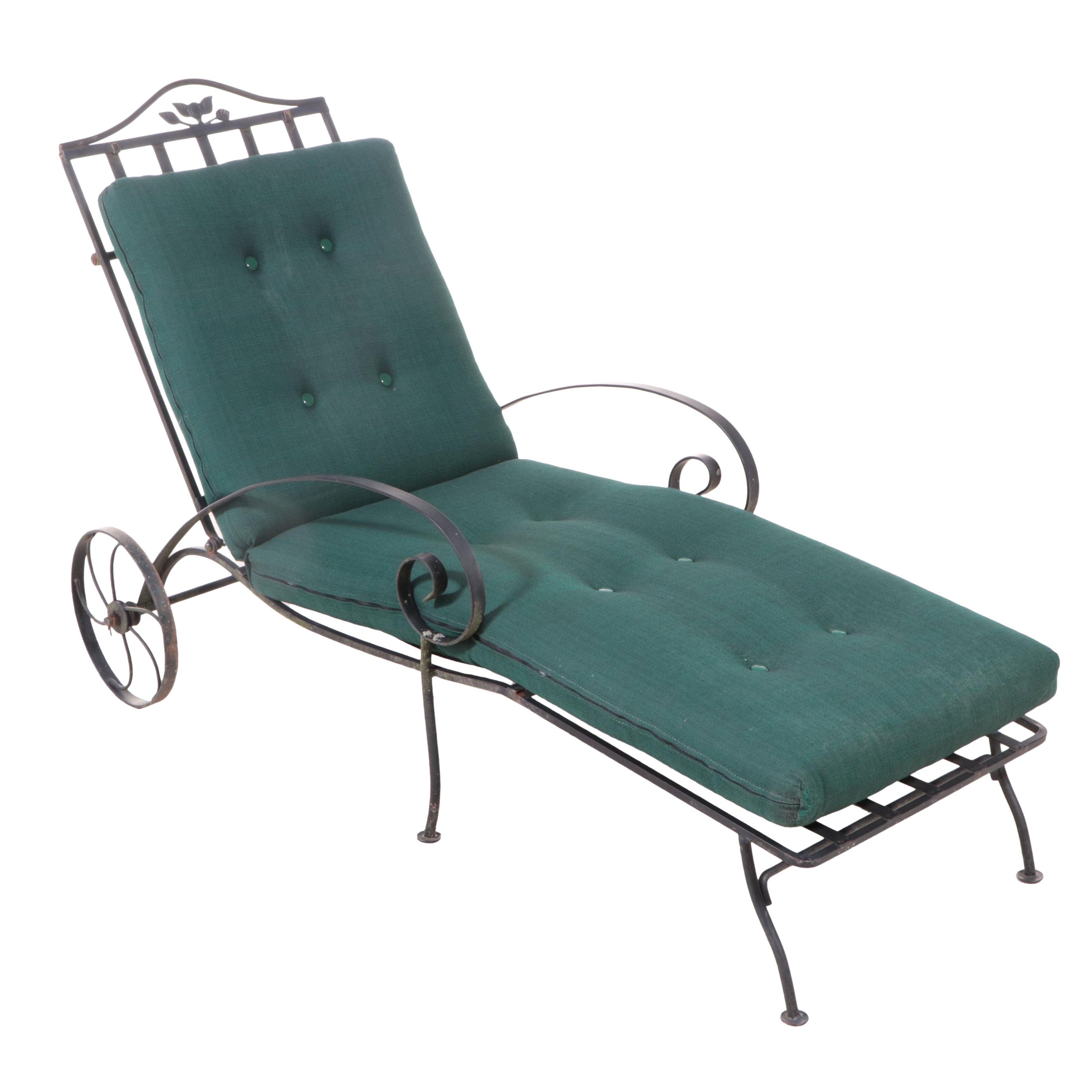 Wrought Iron Patio Chaise Lounge with Green Cushions EBTH