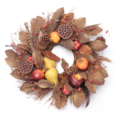 Fall Foliage Wreath with Faux Fruit and Lotus Pods