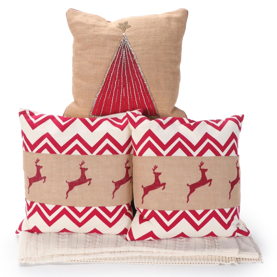 Boll & Branch Cotton Blanket with Christmas Tree and Reindeer Accent Pillows