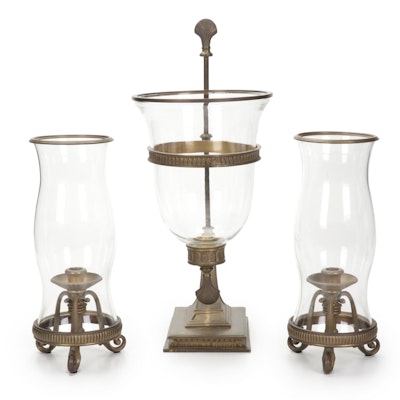 Decorative Crafts Patinated Brass and Glass and Other Hurricane Candle Holders