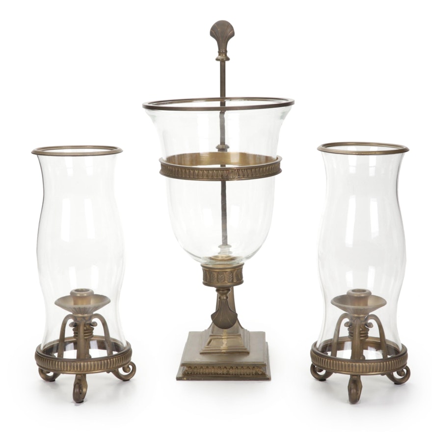 Decorative Crafts Patinated Brass and Glass and Other Hurricane Candle Holders