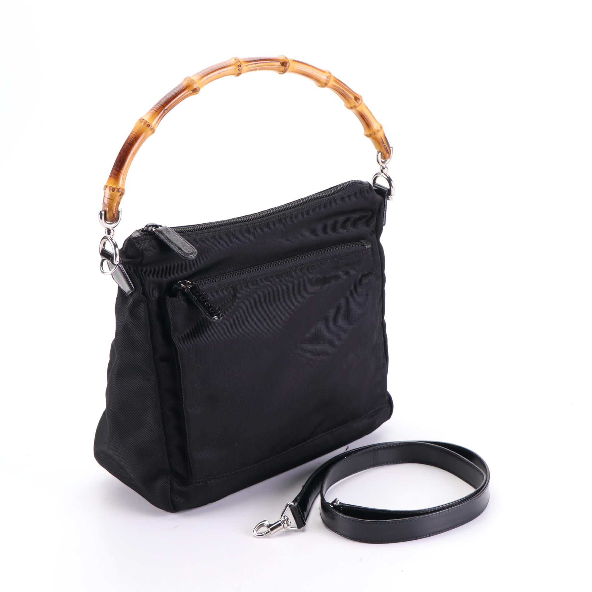 Gucci Bamboo Small Shoulder Bag in Black Nylon Gabardine and Glazed