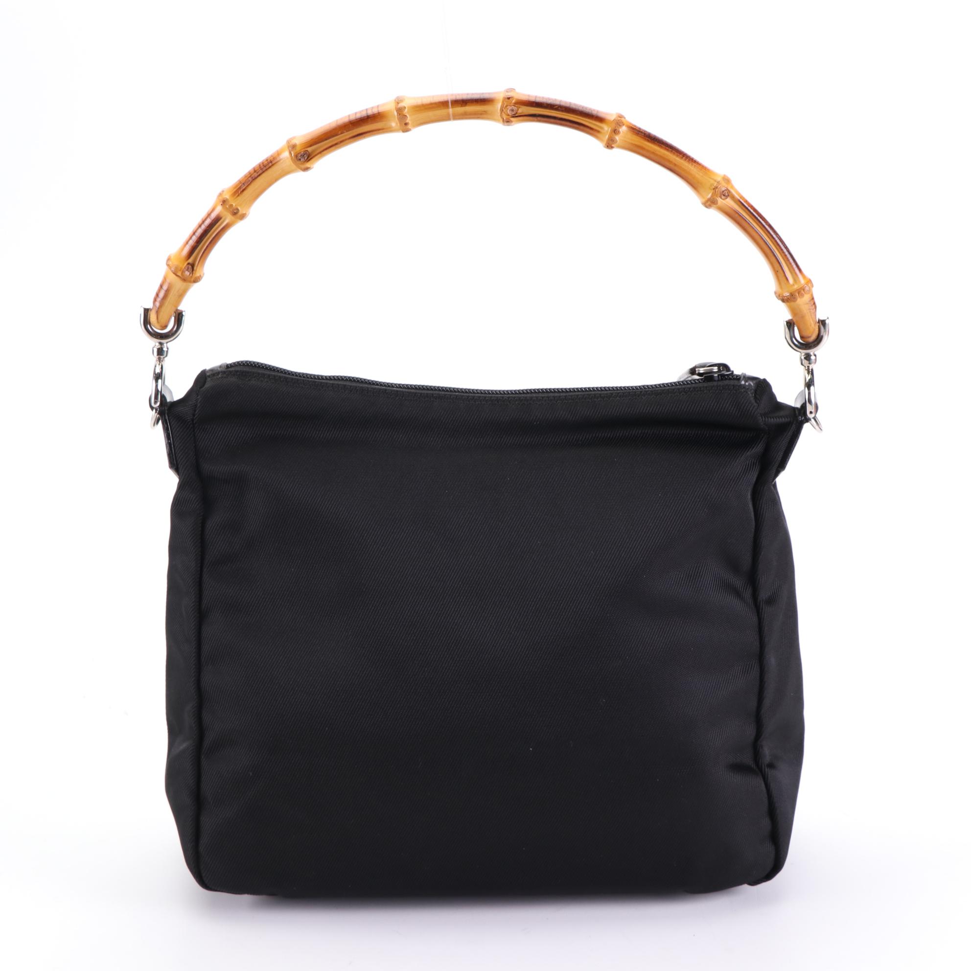 Gucci Bamboo Small Shoulder Bag in Black Nylon Gabardine and Glazed