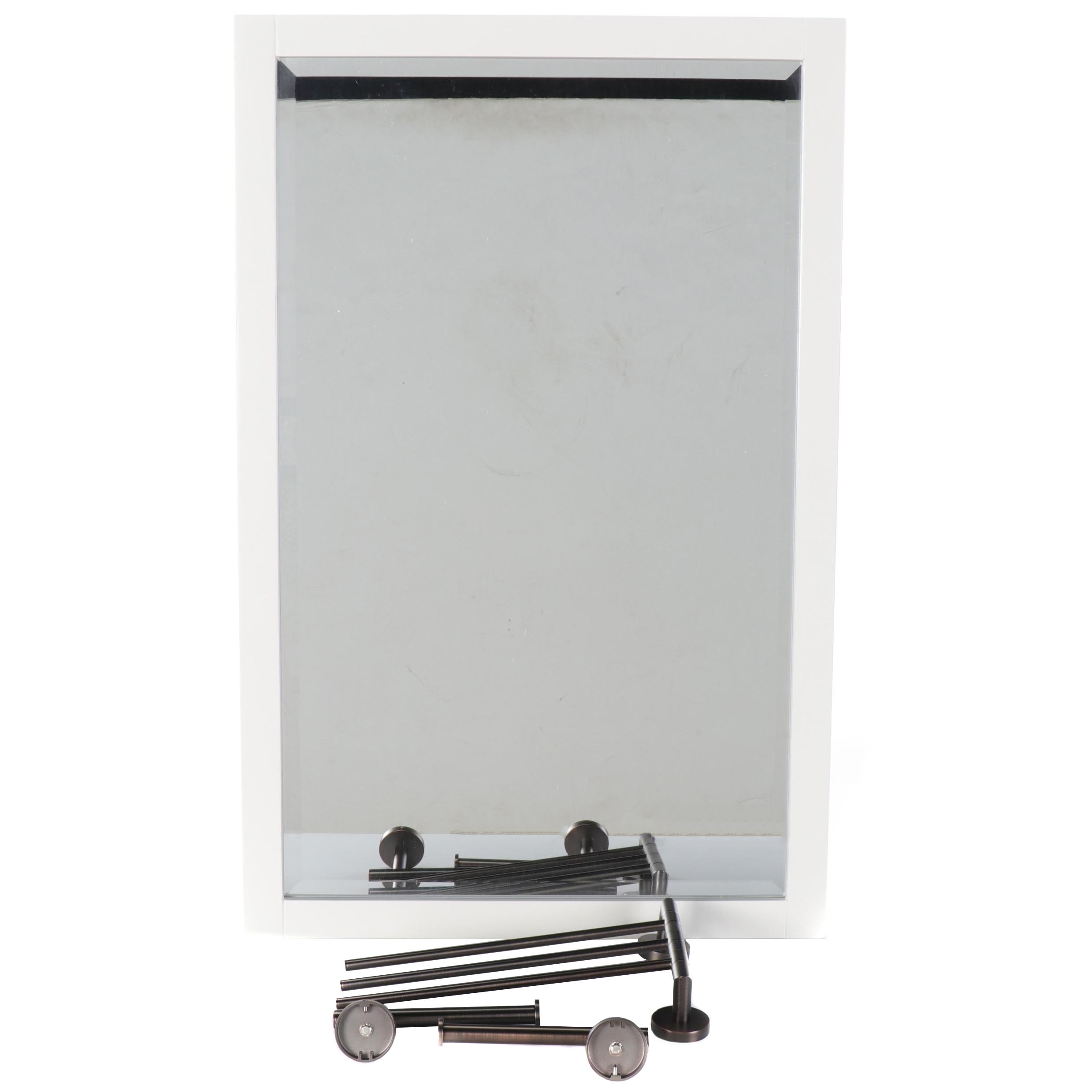 White Wood Framed Vanity Mirror with Oil Rubbed Bronze Finish Bathroom