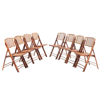 Eight Folding Bamboo Chairs with Woven Cane Backs