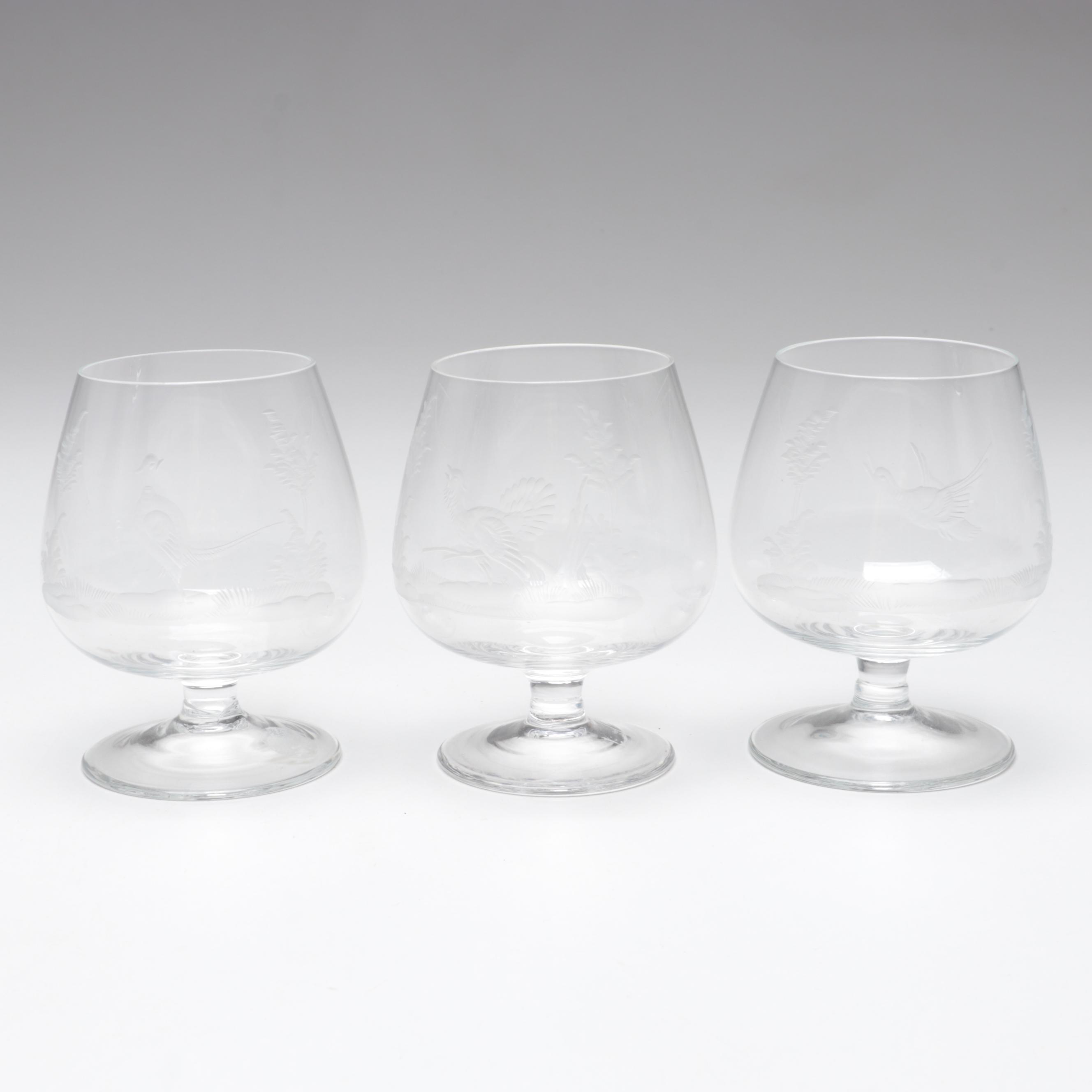Moser Style Wildlife Engraved Czech Art Glass Snifters, Late 20th