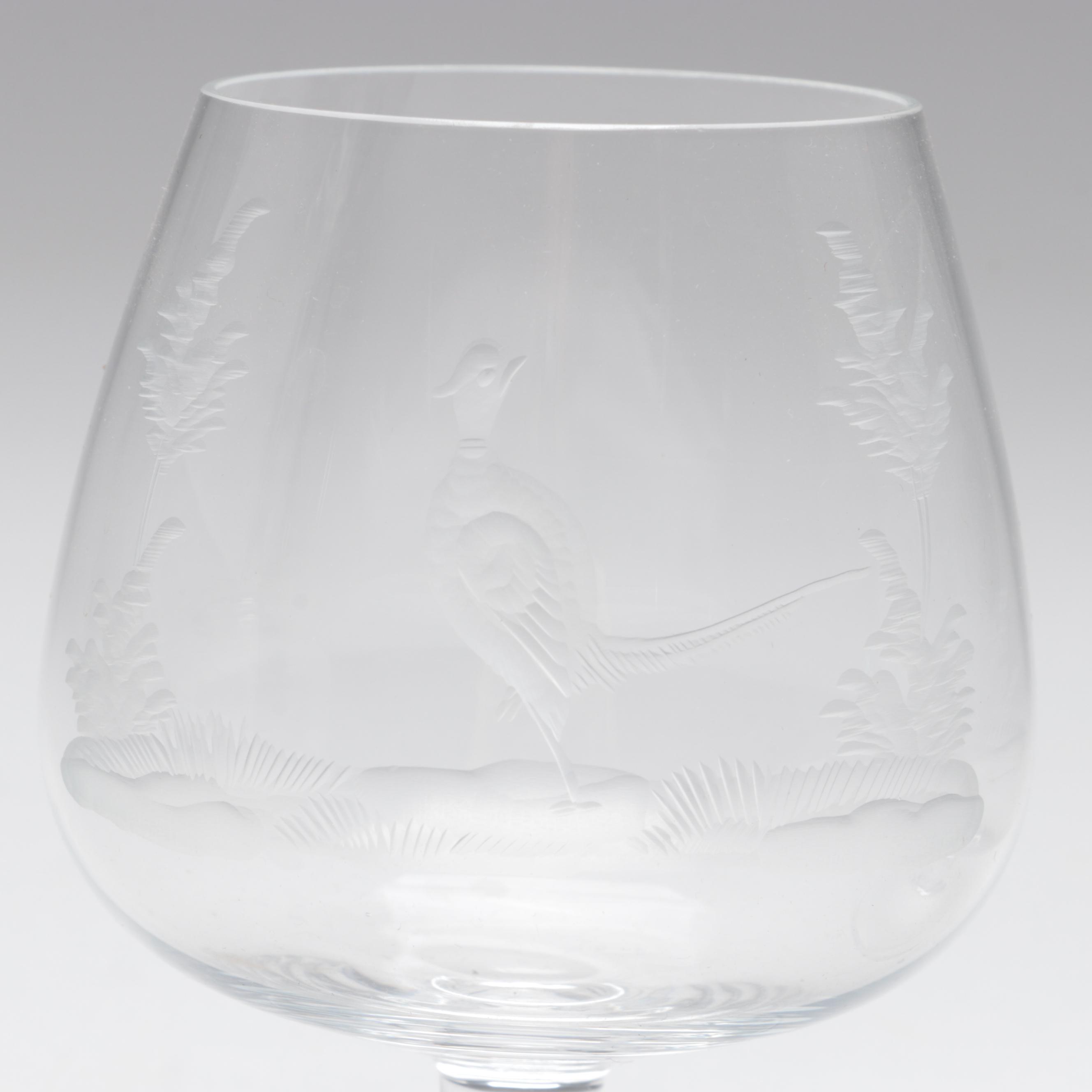 Moser Style Wildlife Engraved Czech Art Glass Snifters, Late 20th