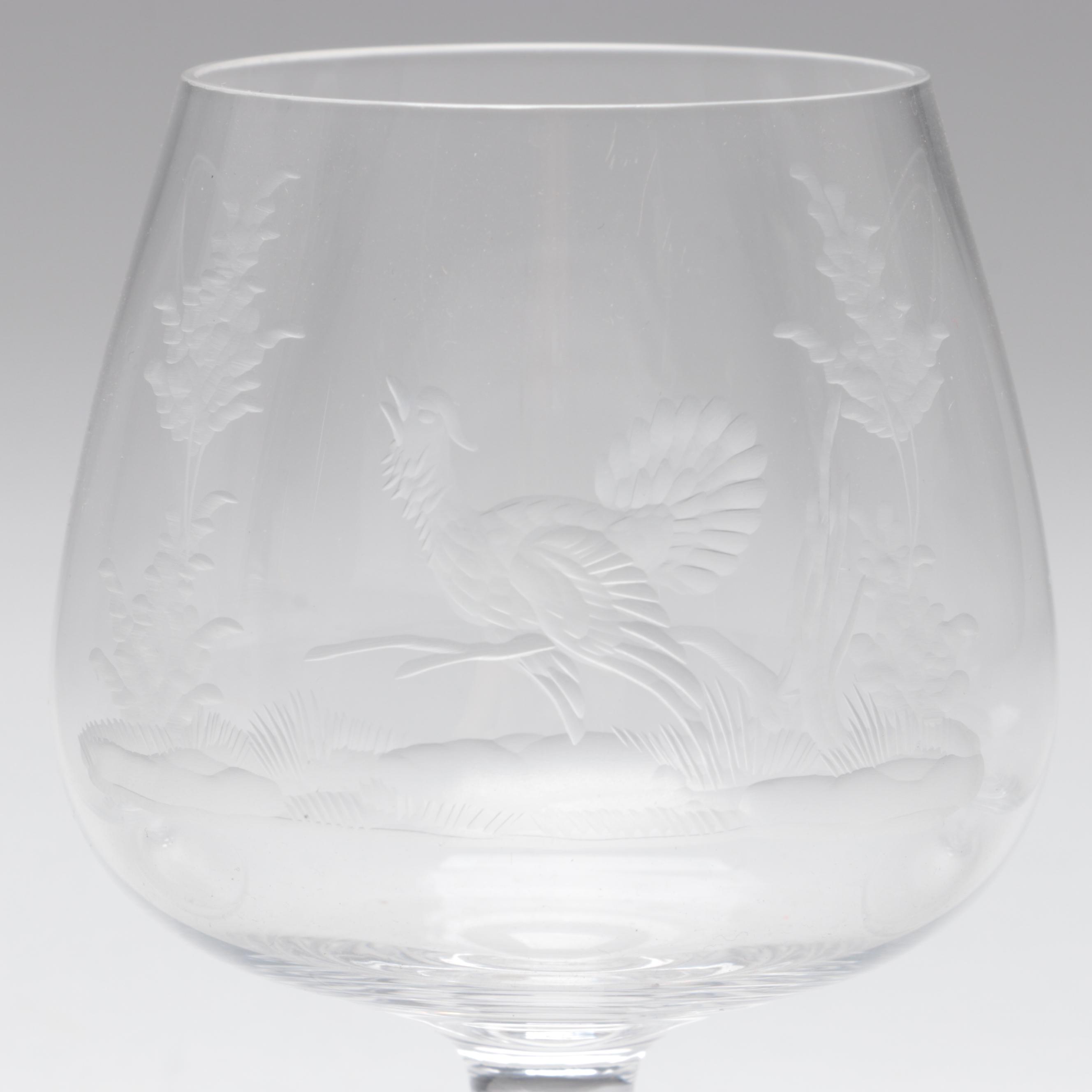 Moser Style Wildlife Engraved Czech Art Glass Snifters, Late 20th