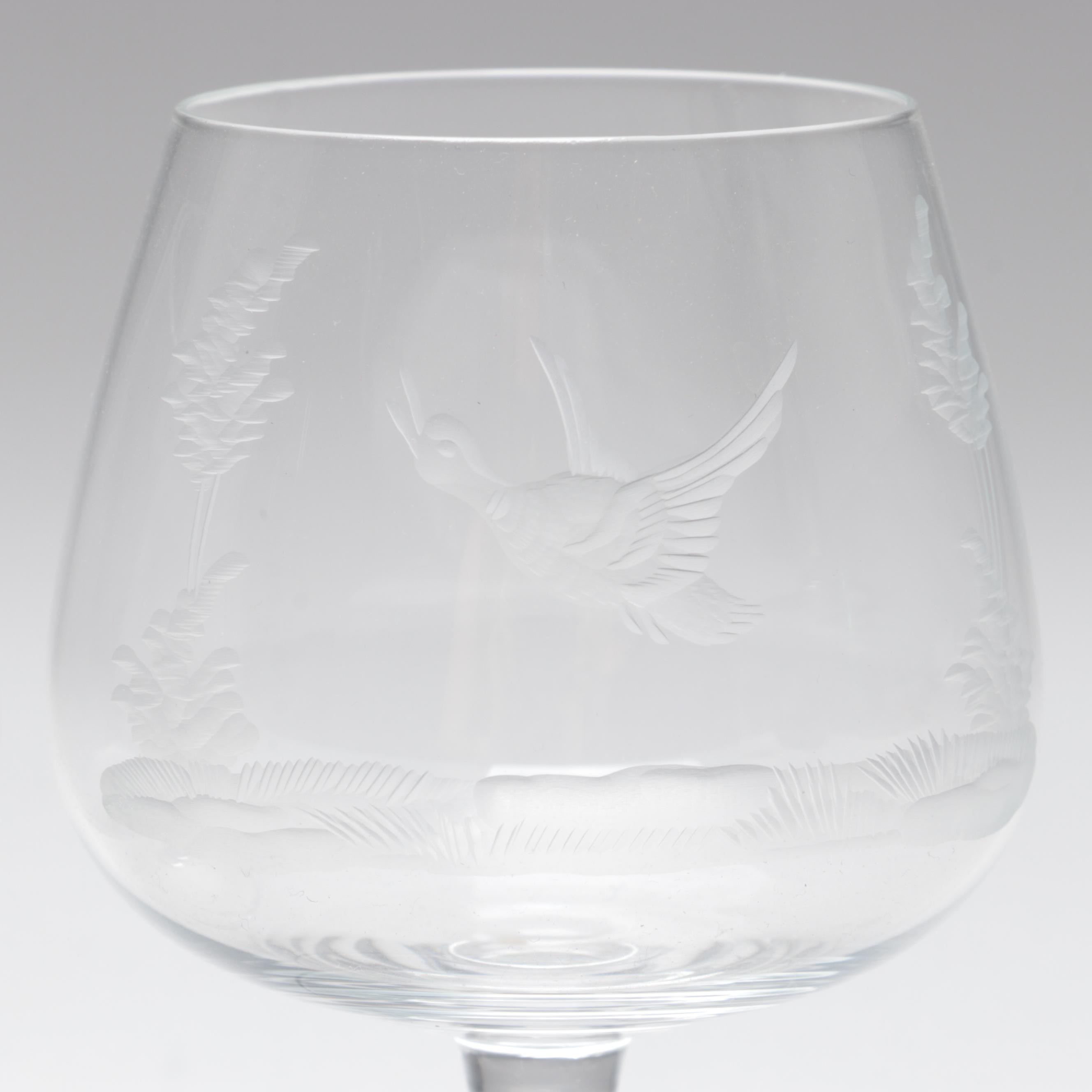 Moser Style Wildlife Engraved Czech Art Glass Snifters, Late 20th