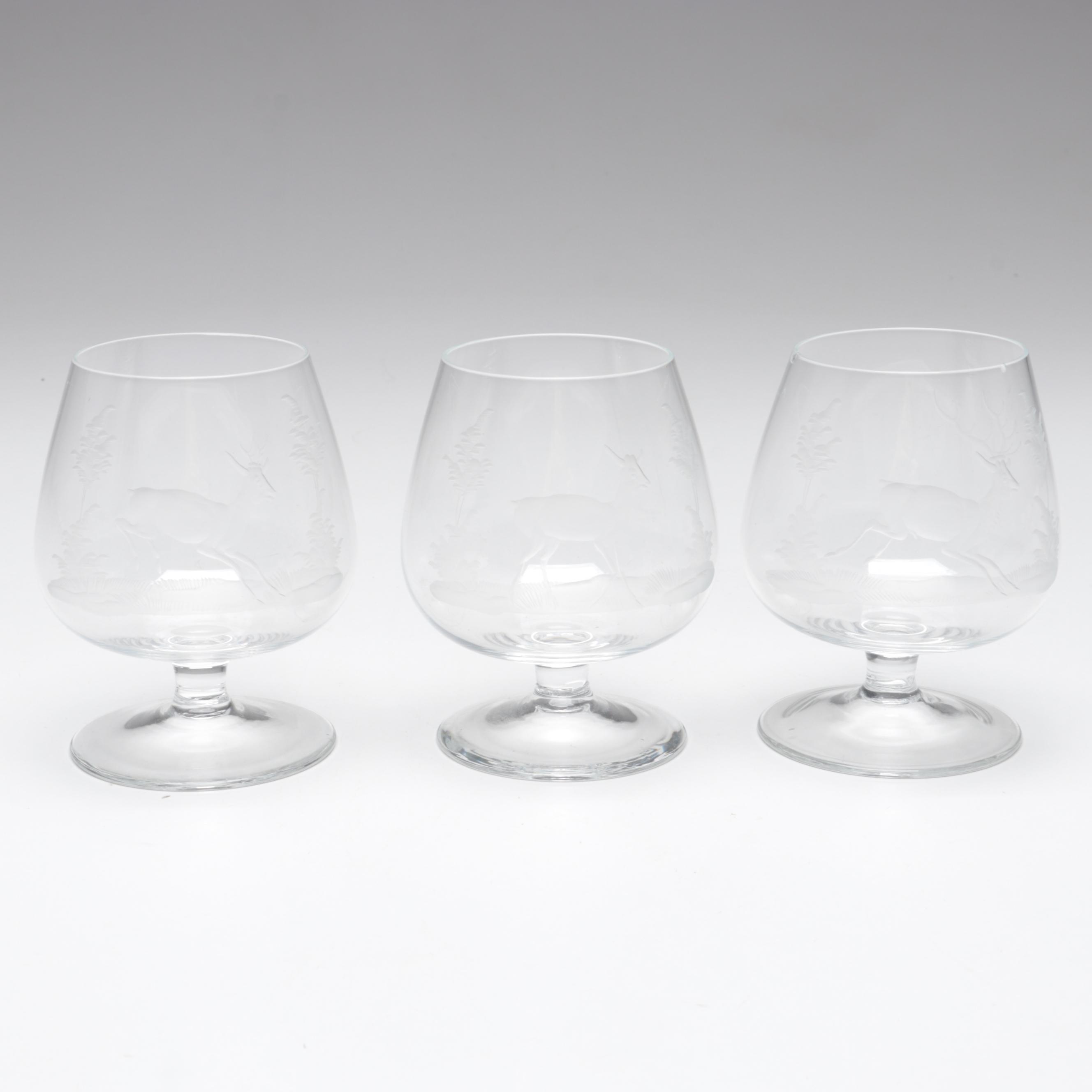 Moser Style Wildlife Engraved Czech Art Glass Snifters, Late 20th