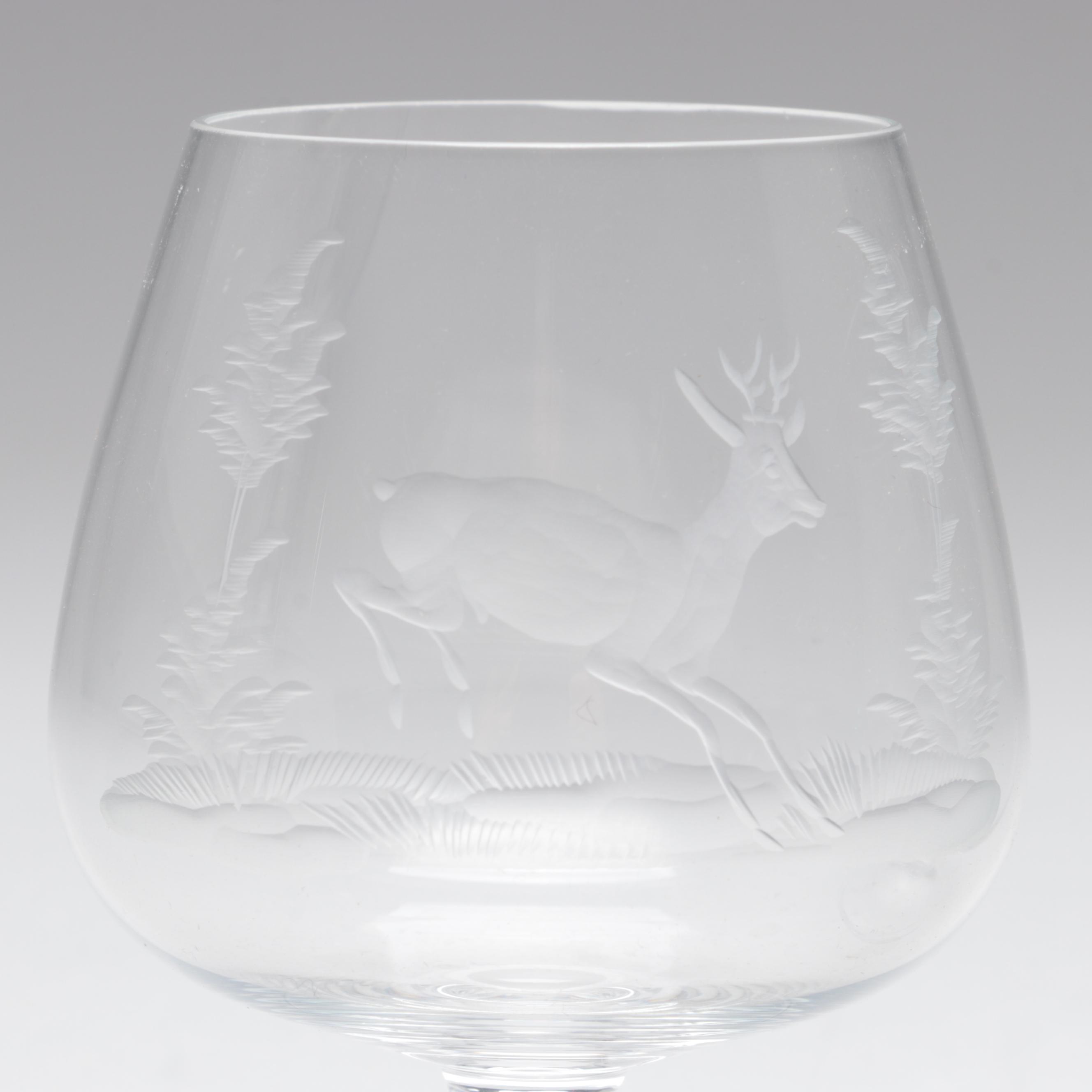 Moser Style Wildlife Engraved Czech Art Glass Snifters, Late 20th