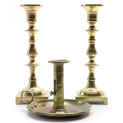 Pair of Brass Candlesticks With Brass Push Up Chamberstick