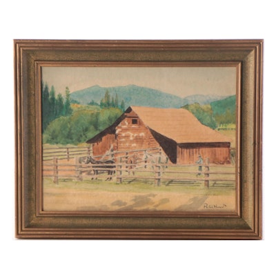 Peter Hurd Barn Landscape Watercolor Painting