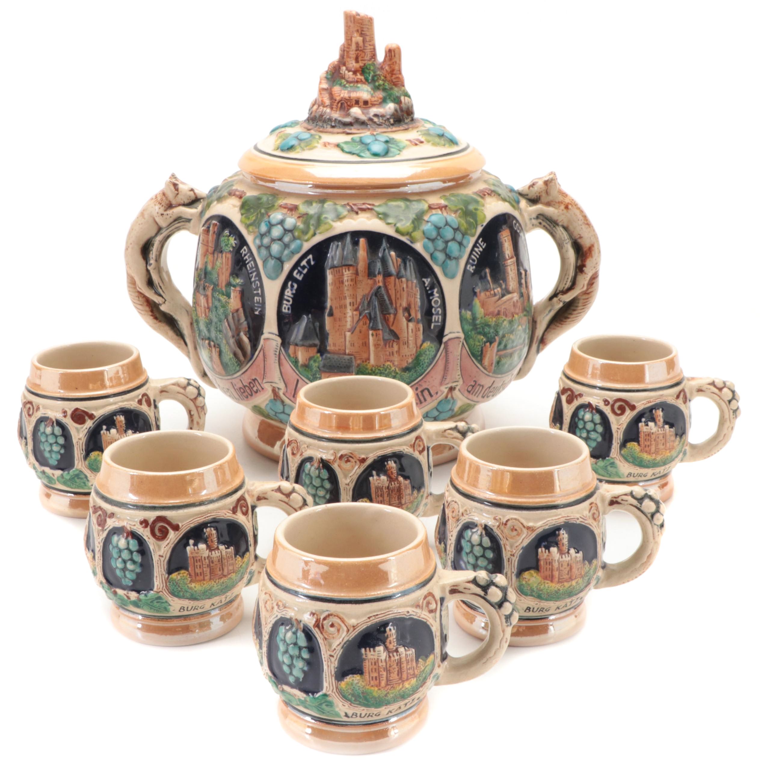 German Castles of the Rhine Stoneware Punch Bowl Tureen with Mugs, 1943