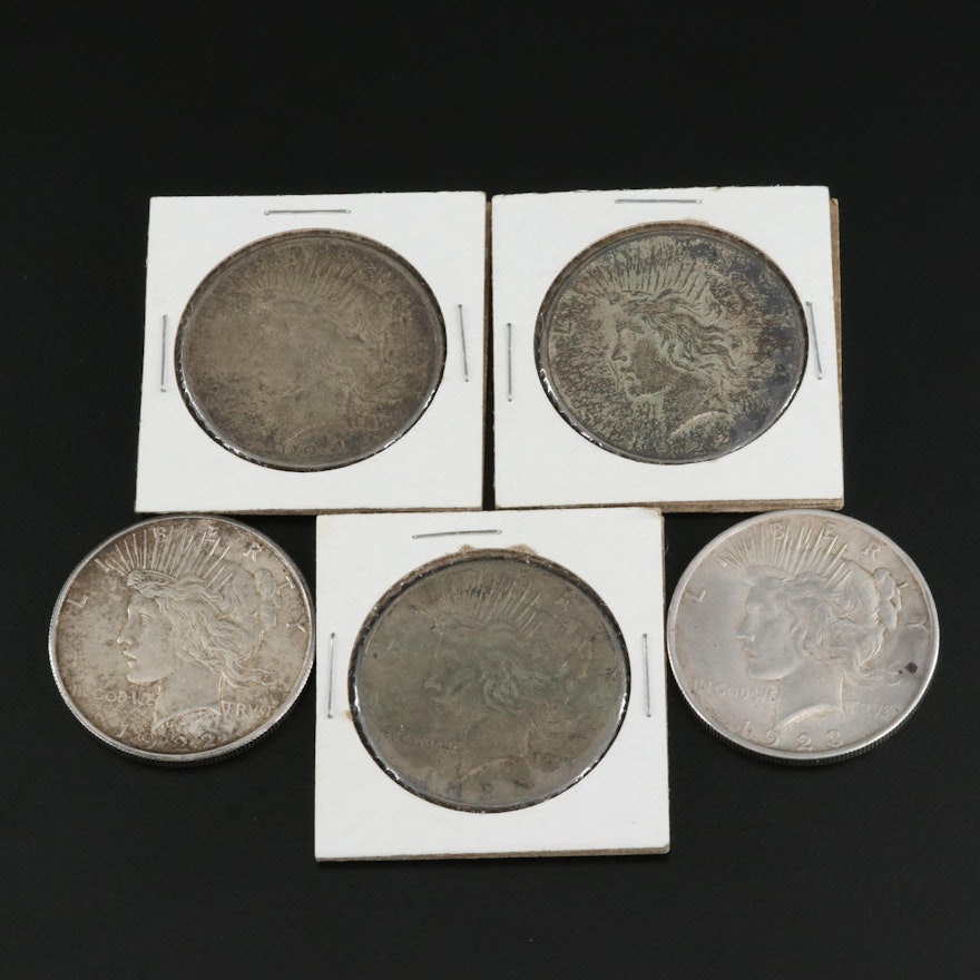 Group of Five Silver Peace Dollars