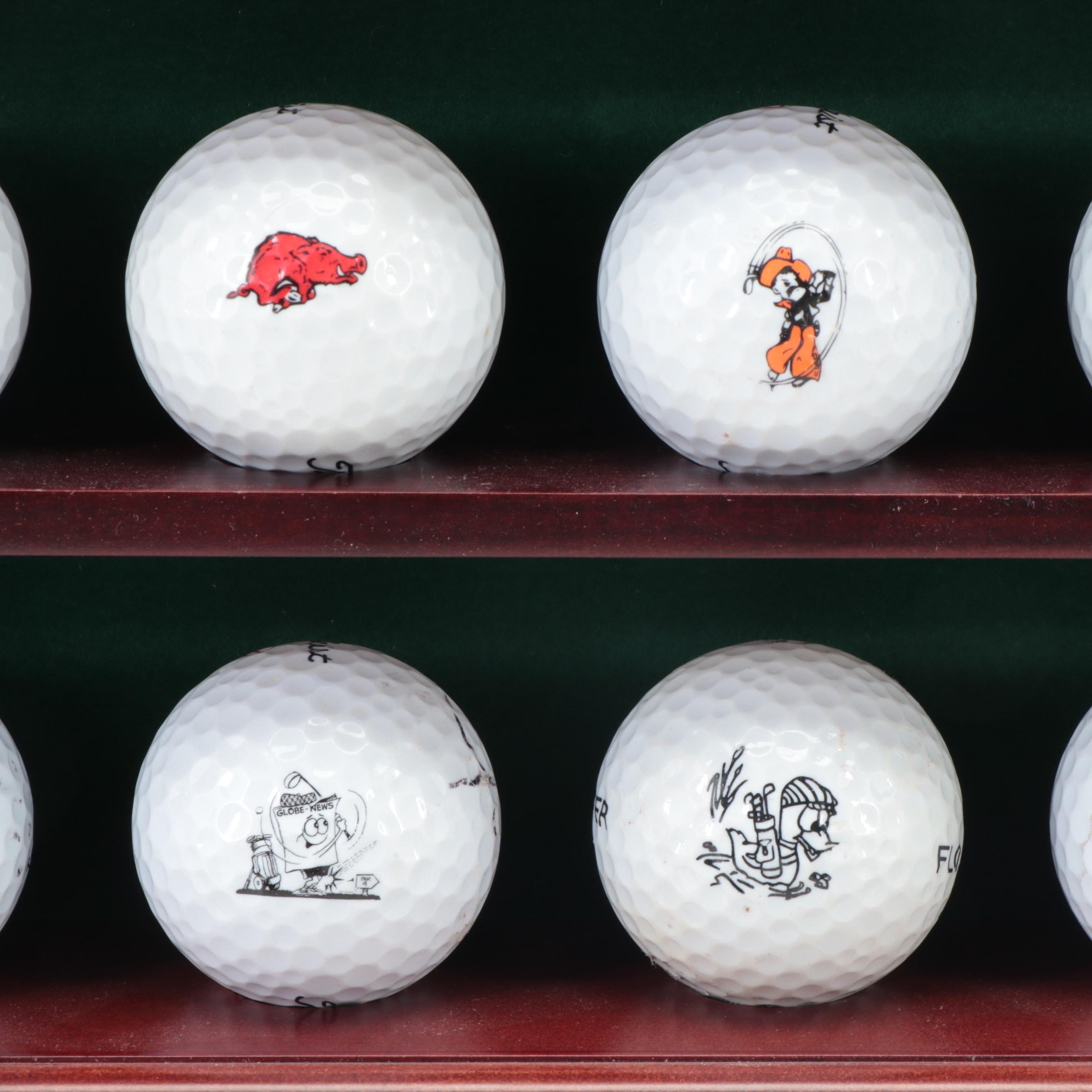 Collection of Novelty and Souvenir Golf Balls in Wood Display Case EBTH