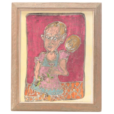 William Fredericksen Mixed Media Painting of a Young Girl, 1987
