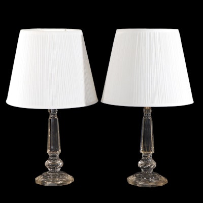 Pair of Etched Glass Lamps, Mid-20th Century
