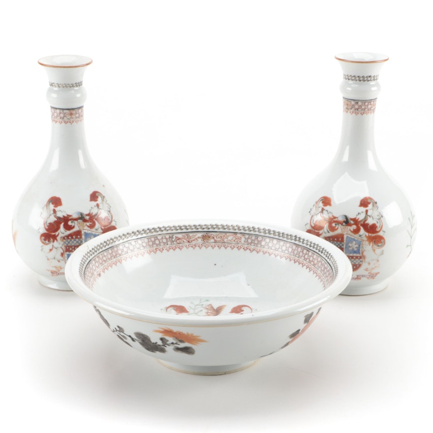 Chinese Export Style Porcelain Lee of Coton Armorial Basin and Vases
