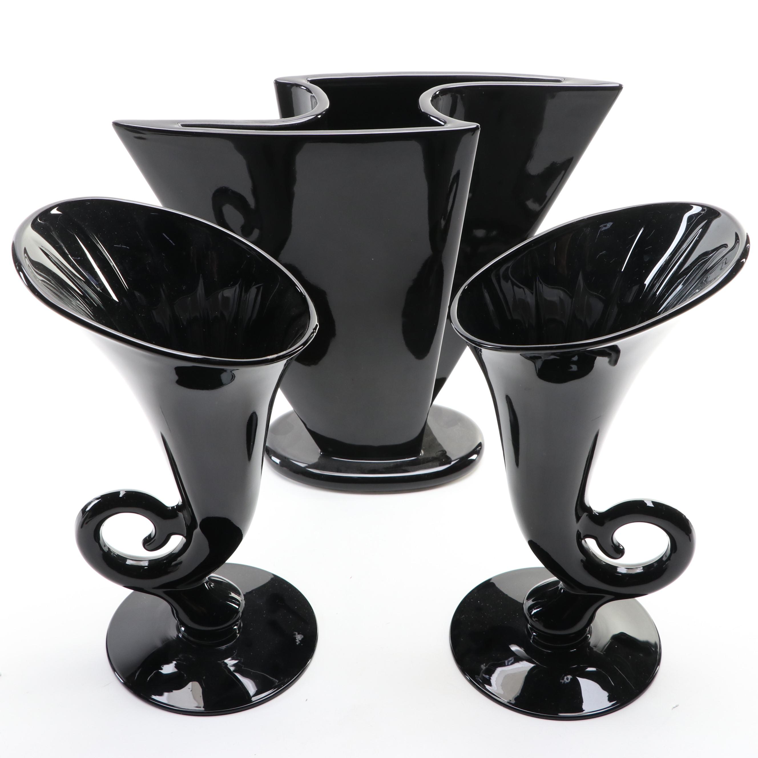 Pier 1 and Other Black Glazed Ceramic Vases, Ceramic and Glass