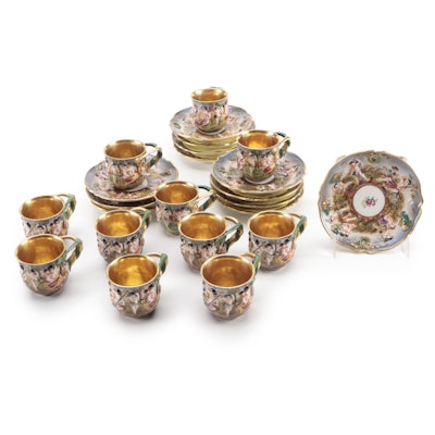 Capodimonte Style Gilt Porcelain Demitasse Cups and Saucers, Mid to Late 20th C.
