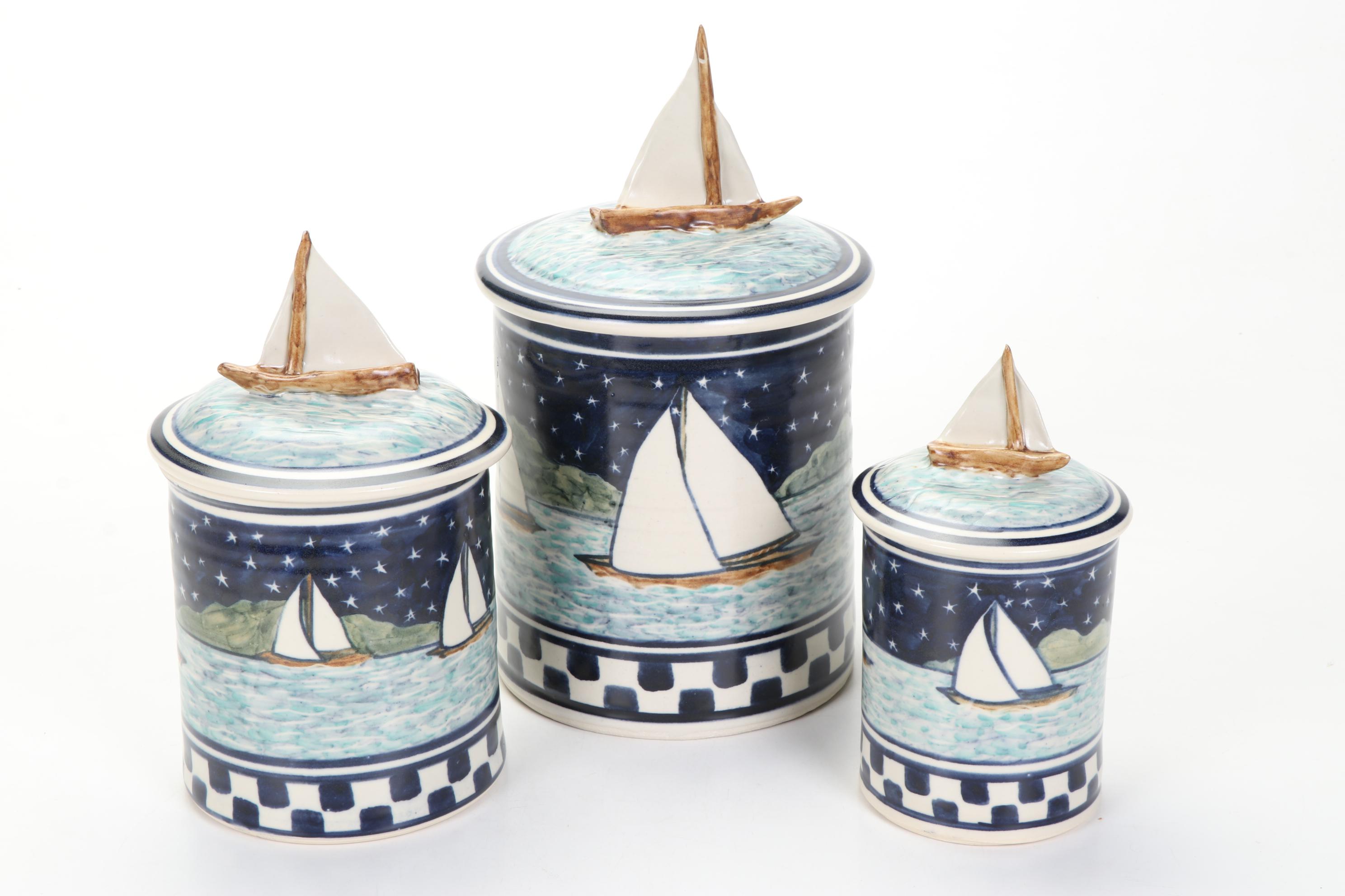 Nautical Sailboat Kitchen Canisters and Scrimshawed Resin "Tusk" EBTH