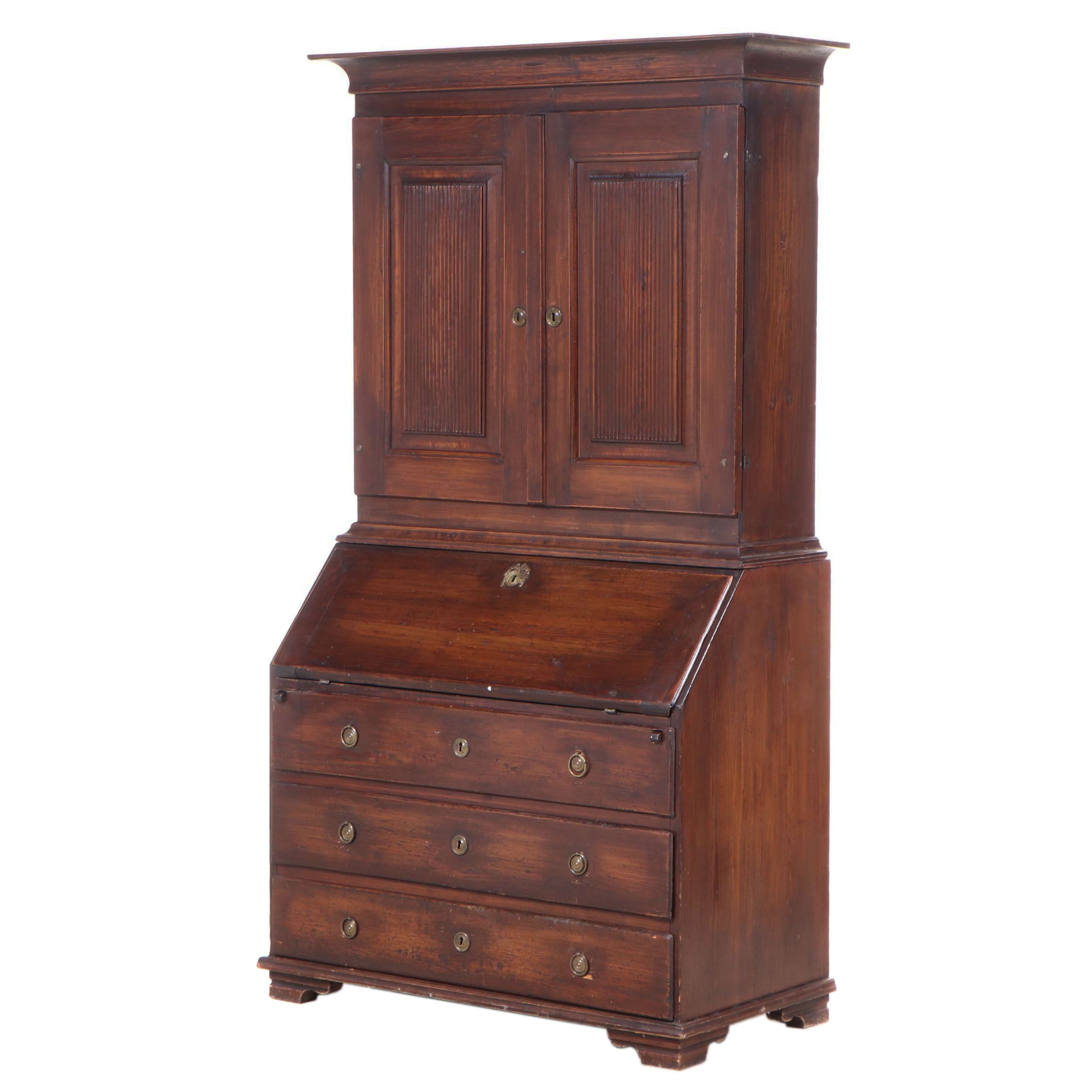 Central European WalnutStained Pine Secretary Bookcase, 19th Century