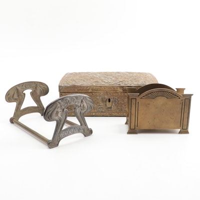 H.L. Judd Art Nouveau Book Rack with Organizer and Repoussé Brass Clad Box