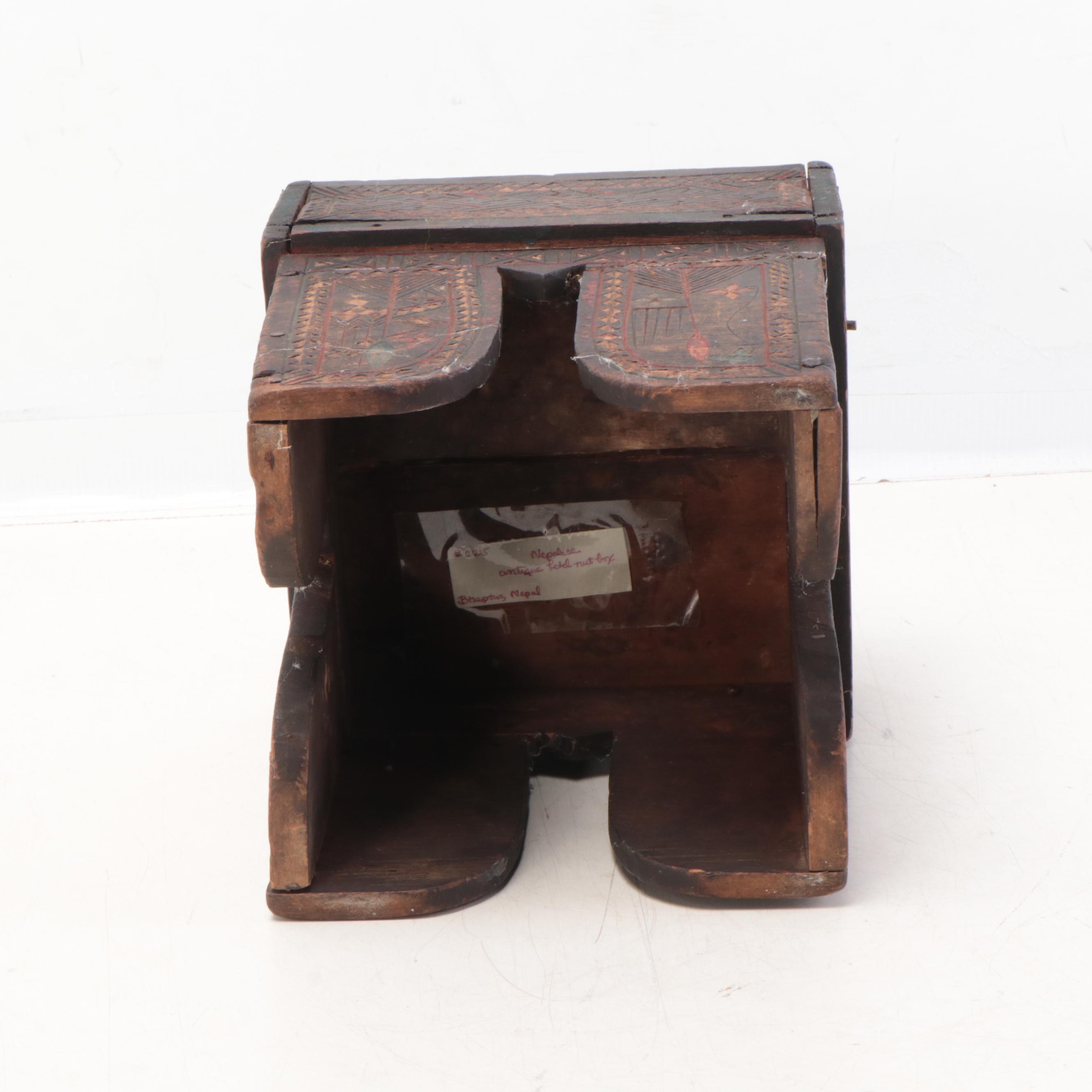 Nepalese Carved Wood Betel Nut Box EBTH