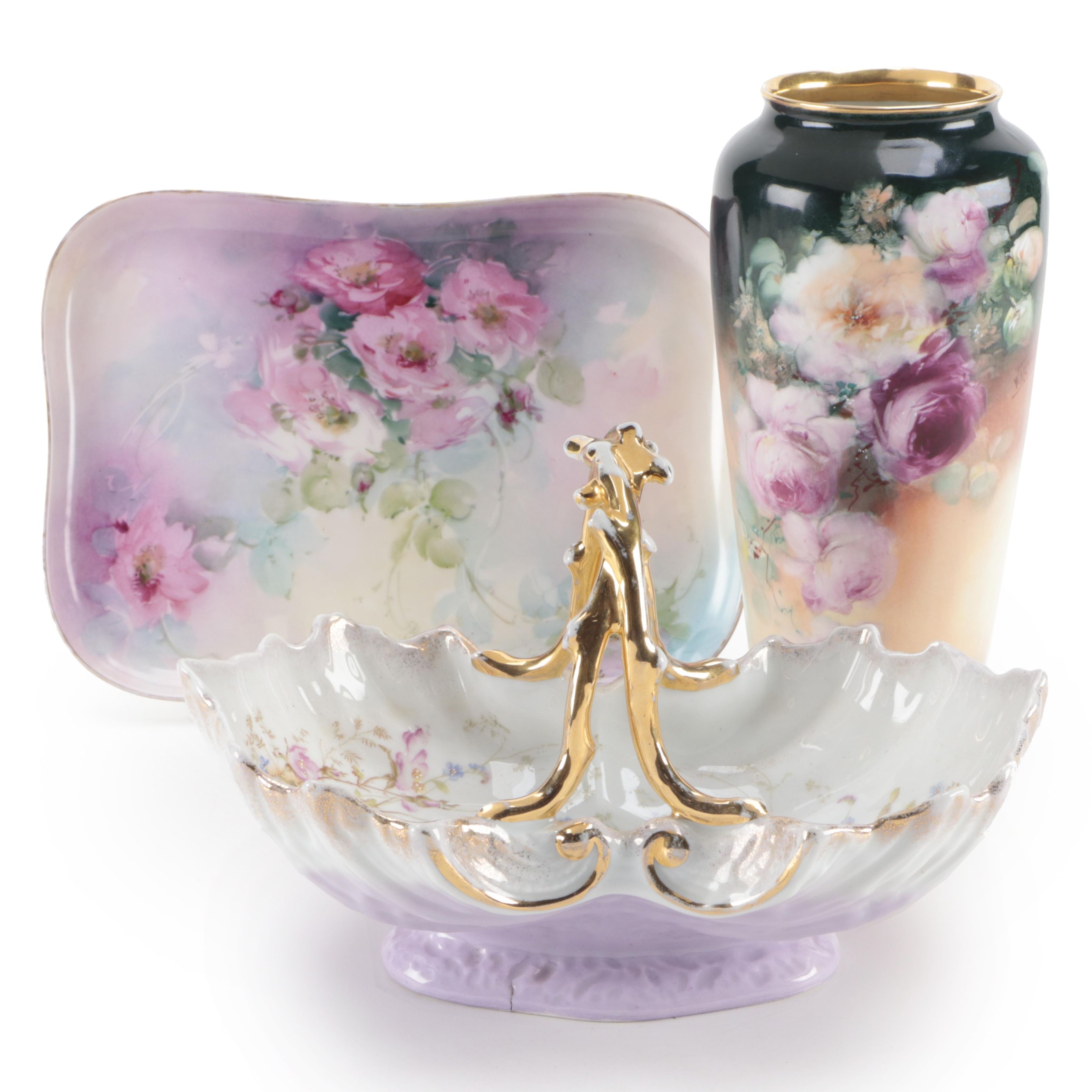 Rosenthal Floral Porcelain Vase with Krister Basket and Other Trinket Dish EBTH