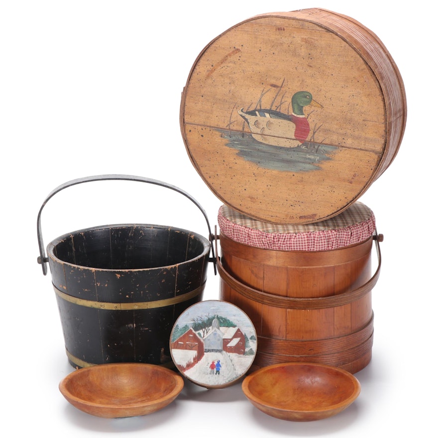 Folk Art Decorated Wooden Boxes, Firkin, Lidded Bucket, Bowls and More
