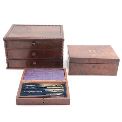 Mahogany Wood Vanity Box, Lock Box and Desk Tool Set, Late 19th/ Early 20th C.