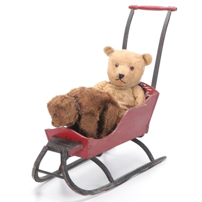 Stuffed Teddy Bears in Children's Wooden Push Sleigh, Early to Mid-20th Century