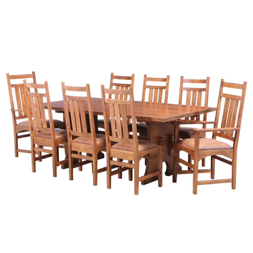 Nine-Piece Stickley Arts and Crafts Style Oak and Marquetry Dining Set