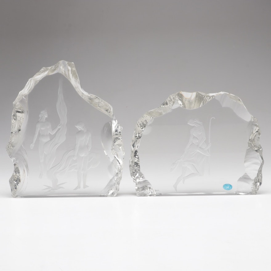 Jindřich Tockstein and Miroslav Valenta Figural Engraved Czech Crystal Blocks