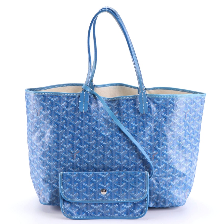 Goyard Saint Louis Tote PM and Pouch in Blue Goyardine Canvas and Leather Trim
