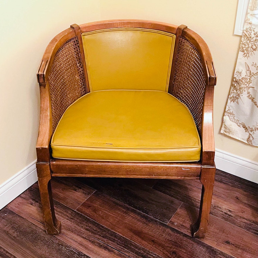Chinese Style Maple, Caned, and Vinyl Barrel-Back Armchair