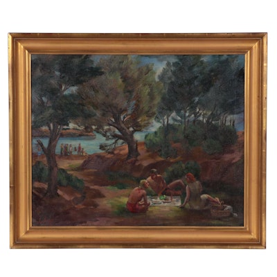 Arthur Louis Helwig Oil Painting "Picnic," Mid-20th Century
