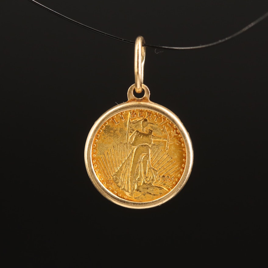 14K Pendant Holding Miniature Replica 24K Gold $20 Saint Gaudens Gold Piece