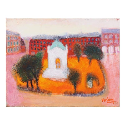 Jean Volang Cityscape Oil Painting "Square des Innocents," Circa 1980