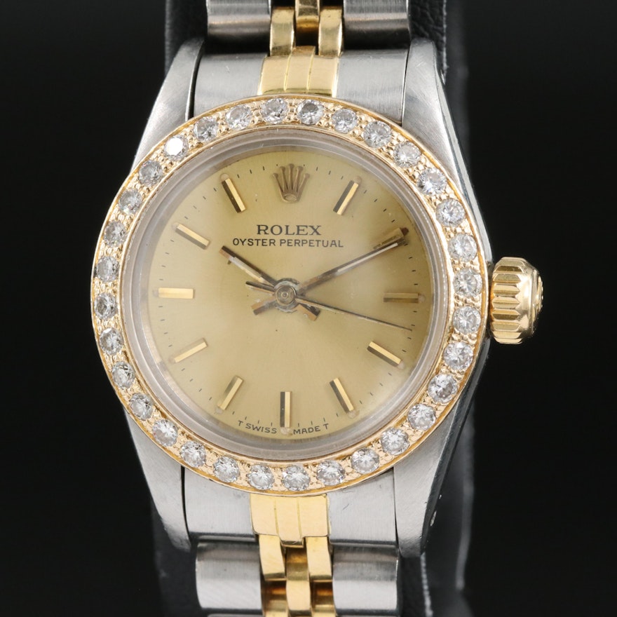 1986 Rolex Oyster Perpetual Diamond Bezel Wristwatch