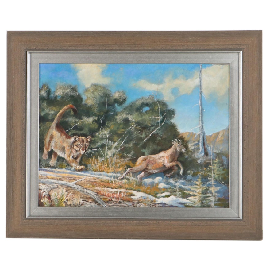 Bob Kuhn Wildlife Oil Painting of Mountain Lion Chasing Sheep, Late 20th Century