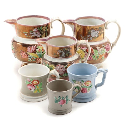 Sewell with Other English Floral Earthenware Pitchers and Mugs