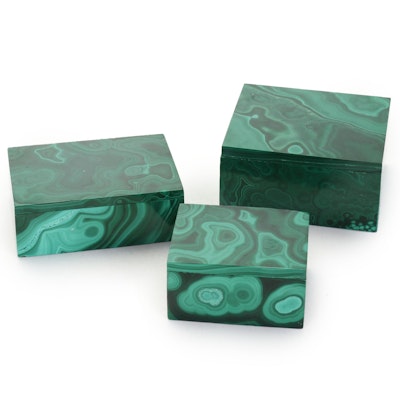 Carved and Polished Malachite Trinket Boxes